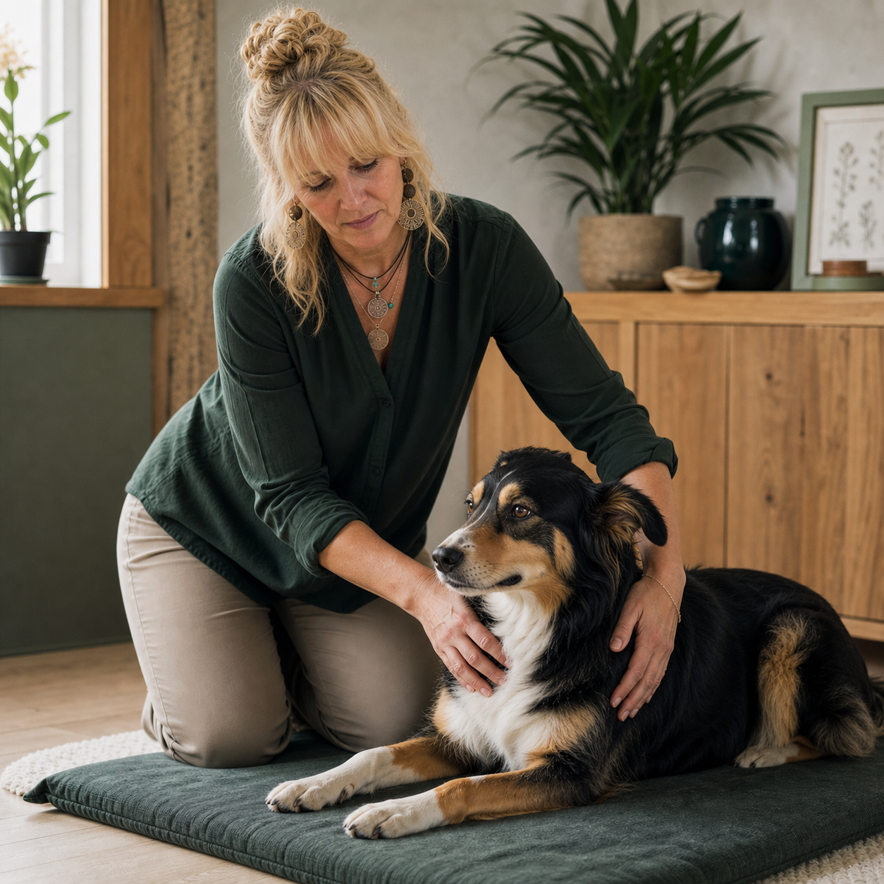 Séance de kinésiologie animale avec une praticienne et un chien