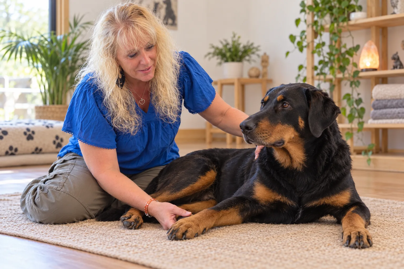 Sigrid IRVOAS en séance de kinésiologie animale avec un chien, à Saint-Gauzens